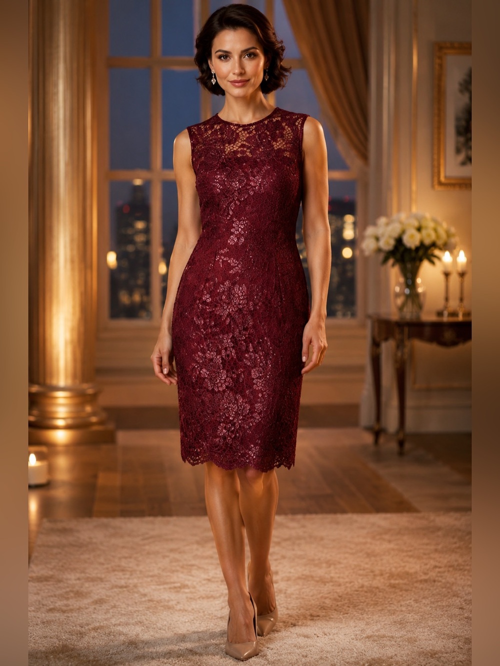 ADRIANNA PAPELL Burgundy Sequins Embroidered Lace Sheath Dress Sleeveless Formal